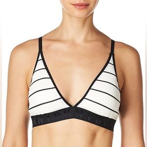 DKNY Lightly Lined Seamless Ribbed V Neck Black White Stripe Bralette NEW Large